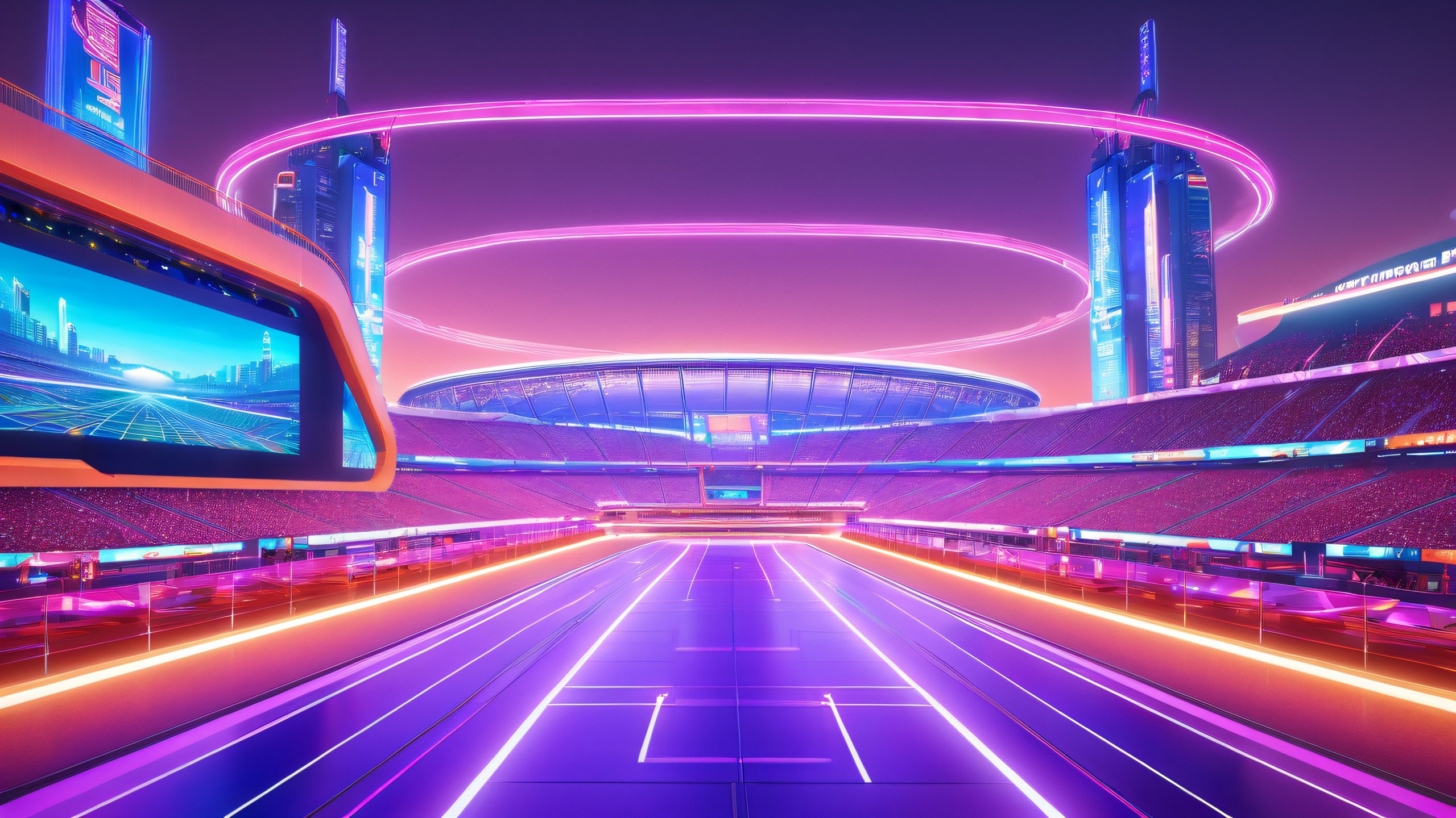 A futuristic cityscape at dusk with a hovering stadium featuring vibrant neon lights.