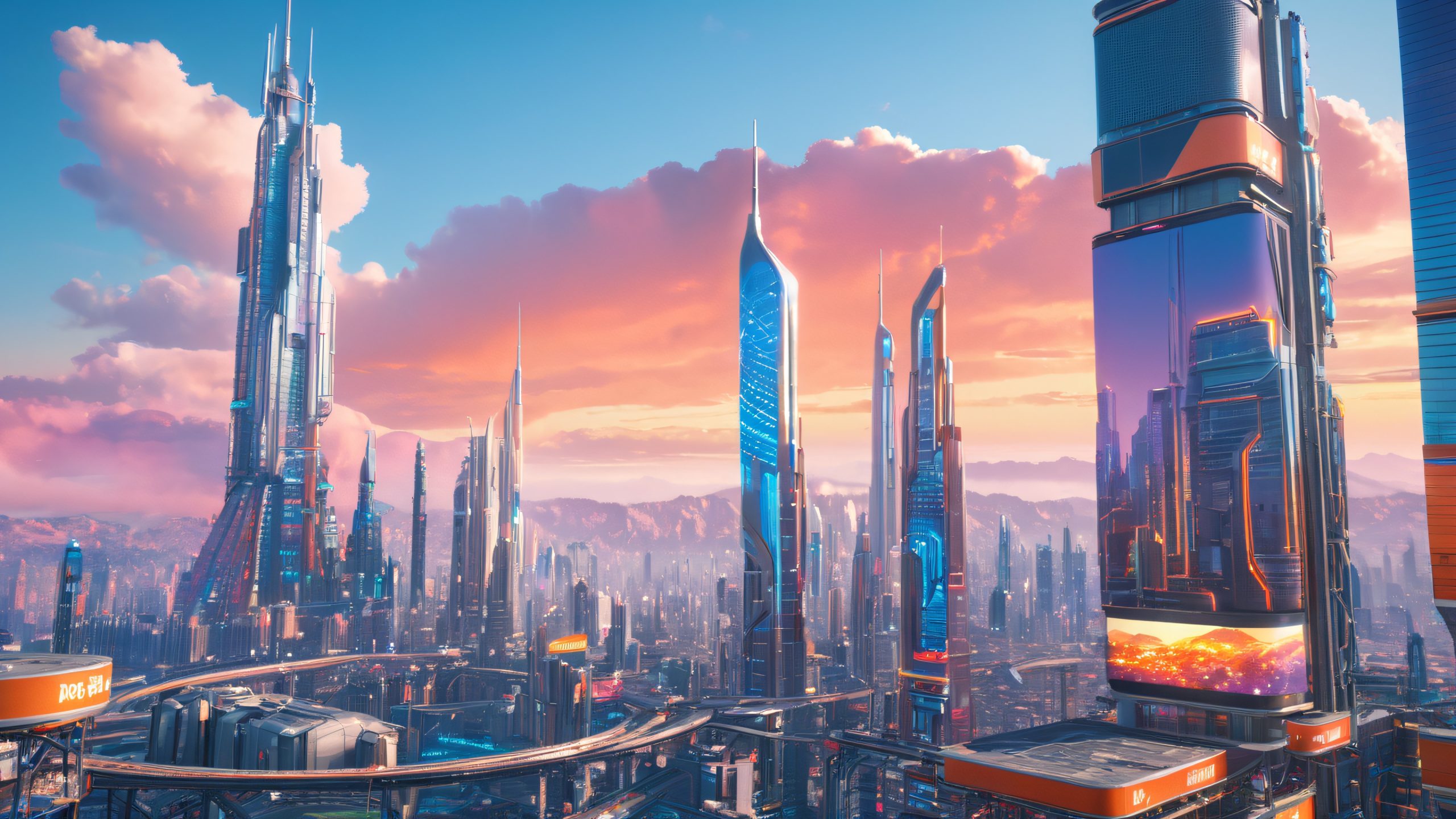 A futuristic cityscape on Desktop/PC with towering skyscrapers and neon-lit billboards.