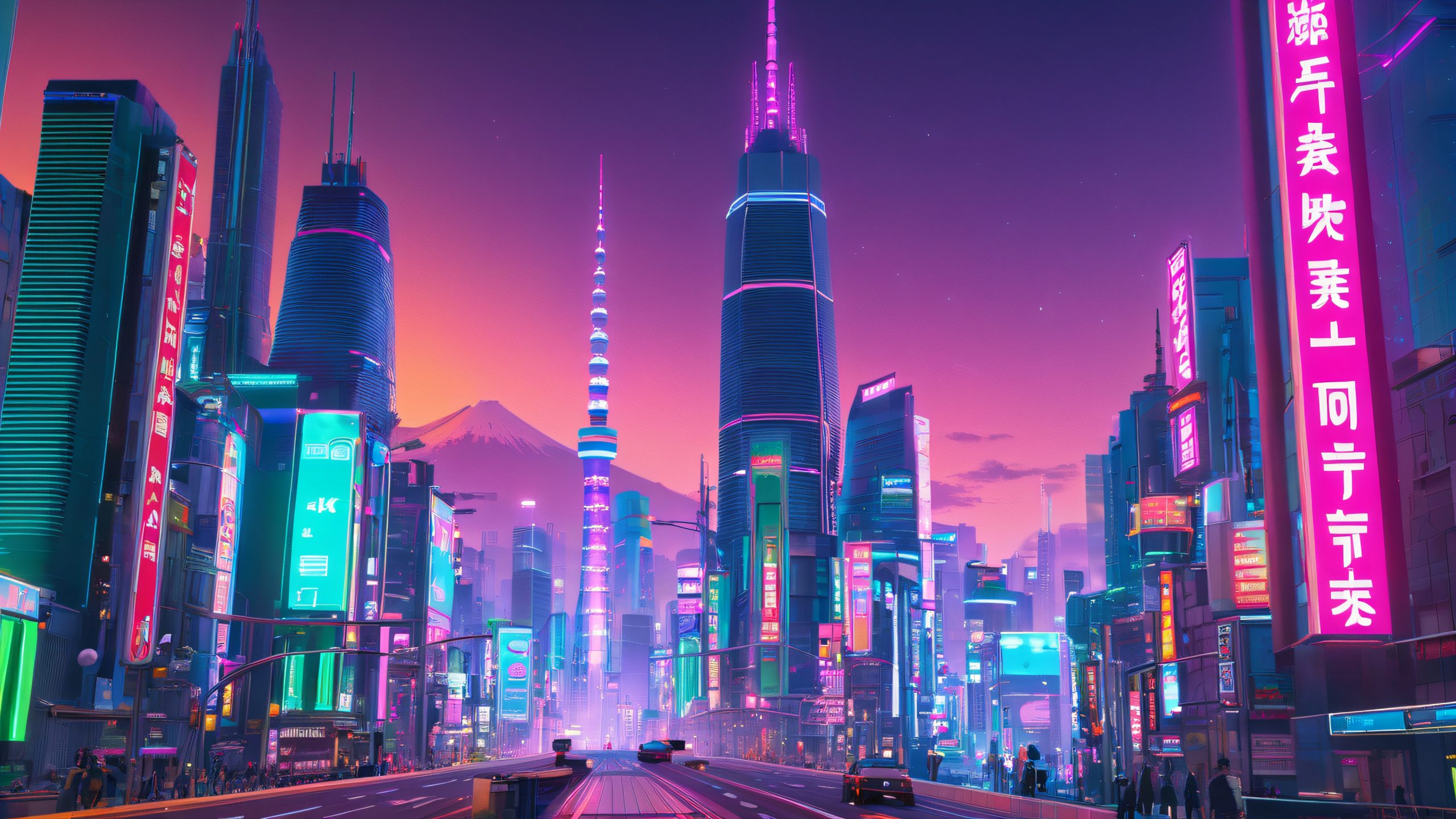 Futuristic cityscape with skyscrapers, holographic ads, and street life
