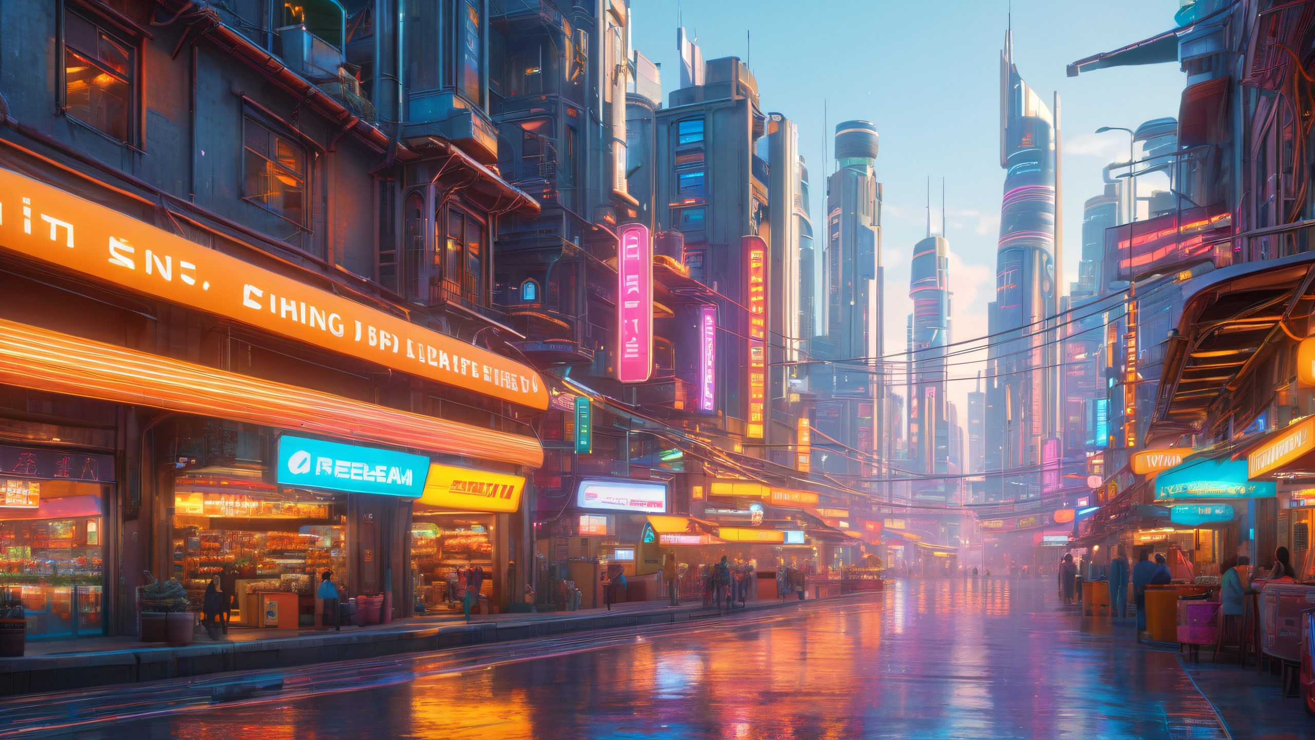 A futuristic cityscape with neon-lit skyscrapers, holographic advertisements, and atmospheric lighting.