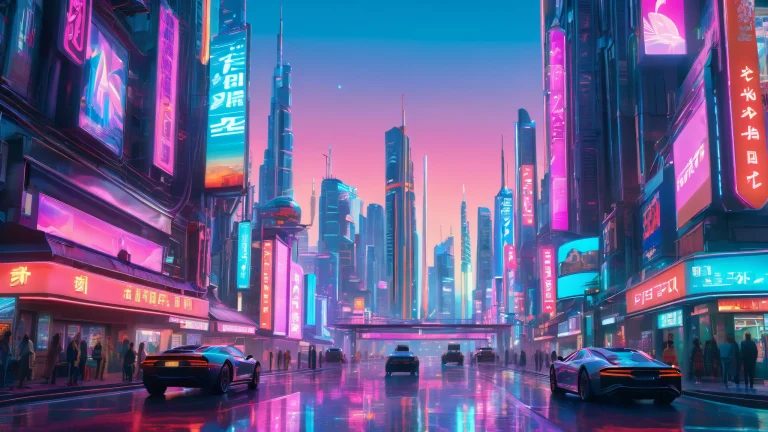 Futuristic cityscape with neon-lit skyscrapers and holographic advertisements on a bustling desktop/pc.