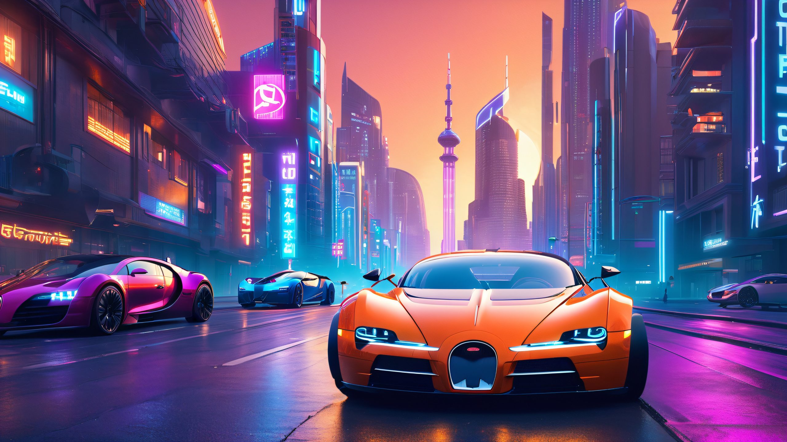 A futuristic cityscape with skyscrapers and sports car speeding away from the chaos of the city on a desktop or PC.