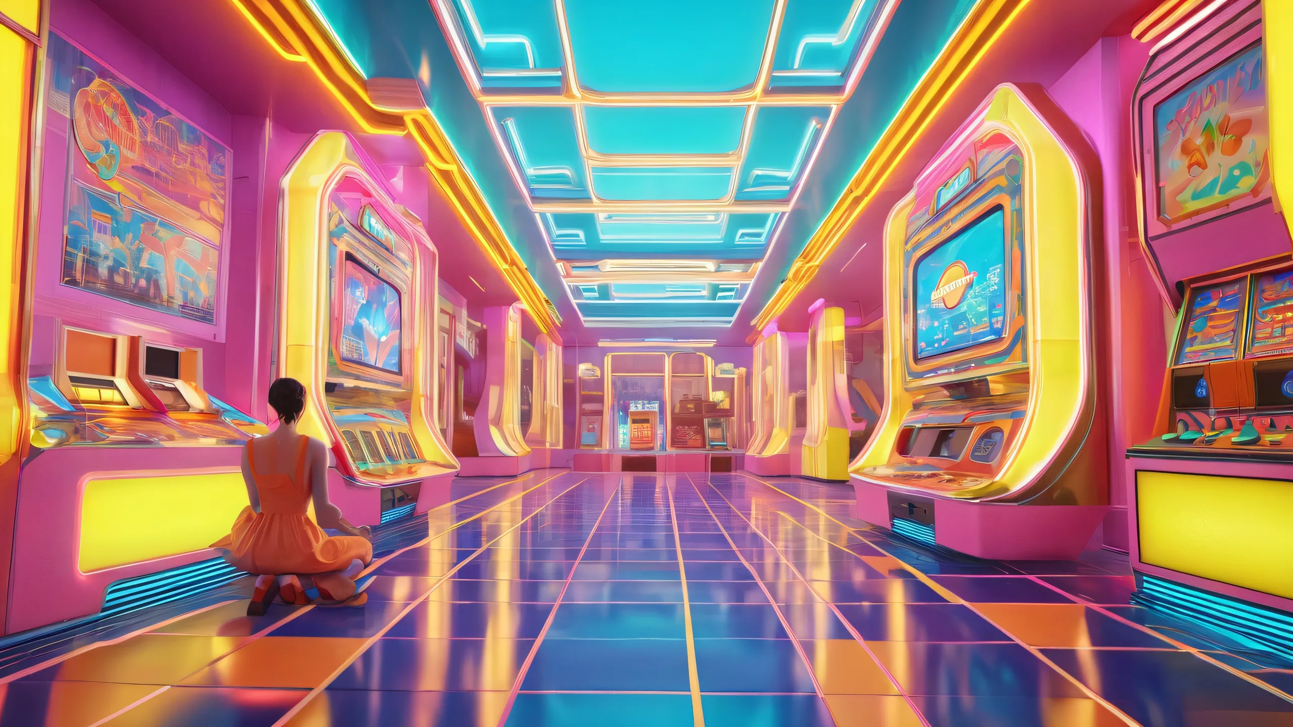 Lone figure lounges in retro 80s neon grid landscape for desktop PC use