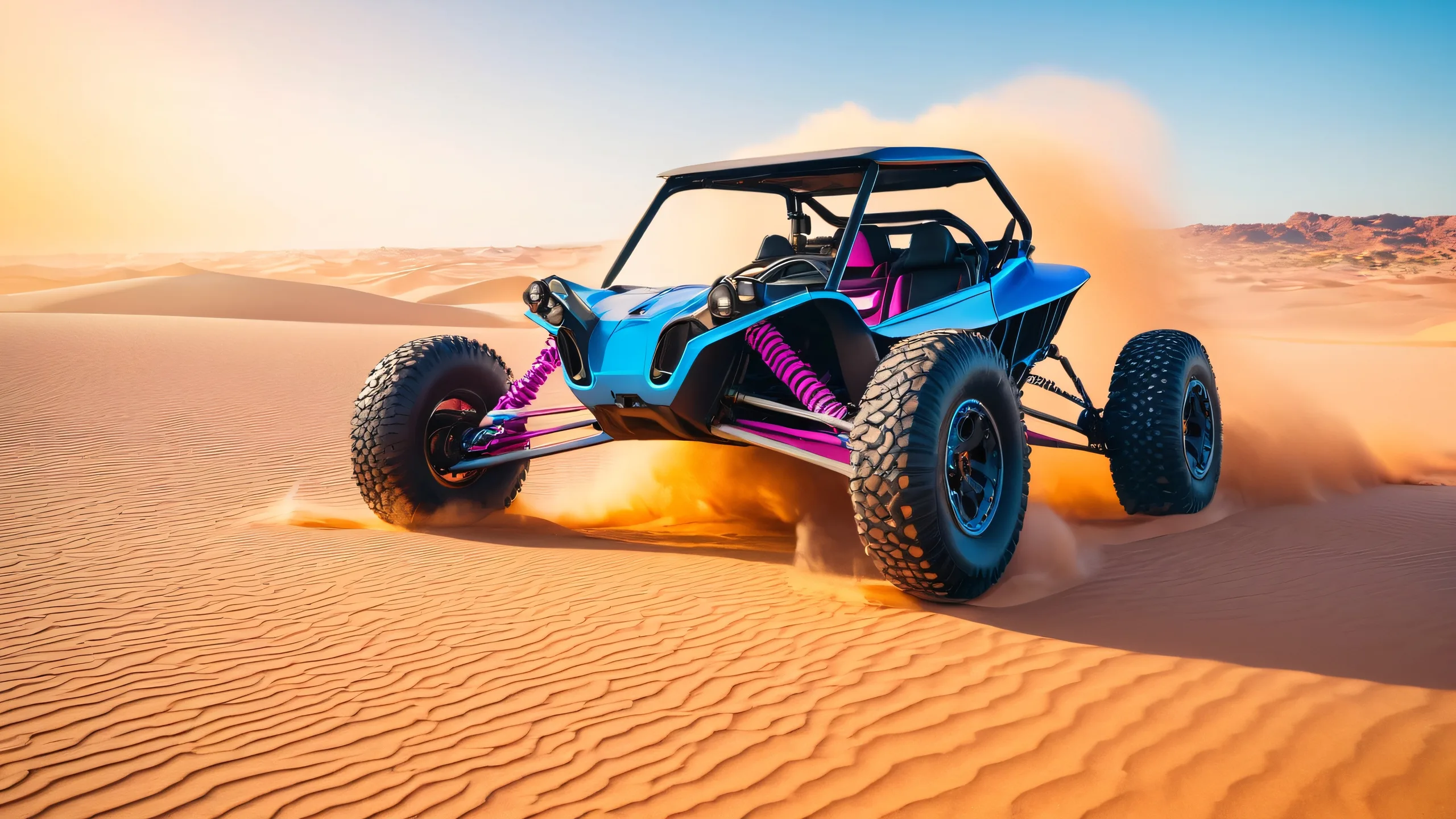 Vintage-inspired off-road buggy navigates a treacherous desert terrain on a desktop/pc.