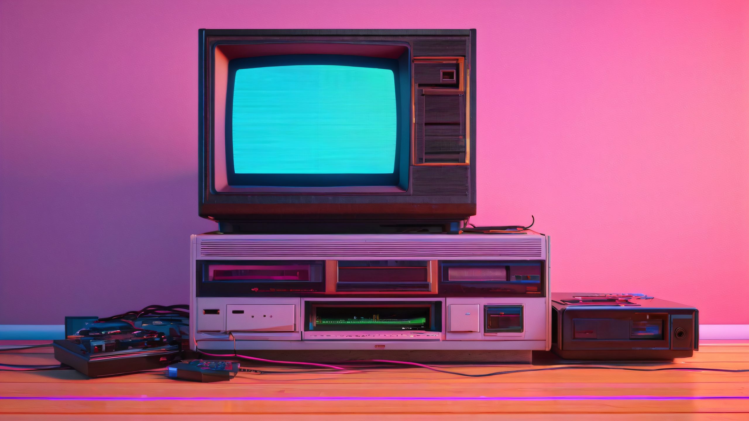 A glitchy video game console on a stack of VHS tapes and discarded electronics, with bold neon letters and dimly lit room filled with old computers and nostalgia.