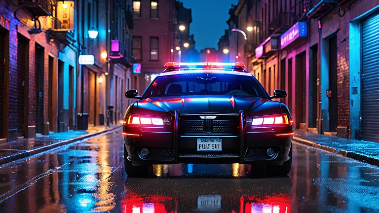 neon police cruiser futuristic alleyway 4k scaled