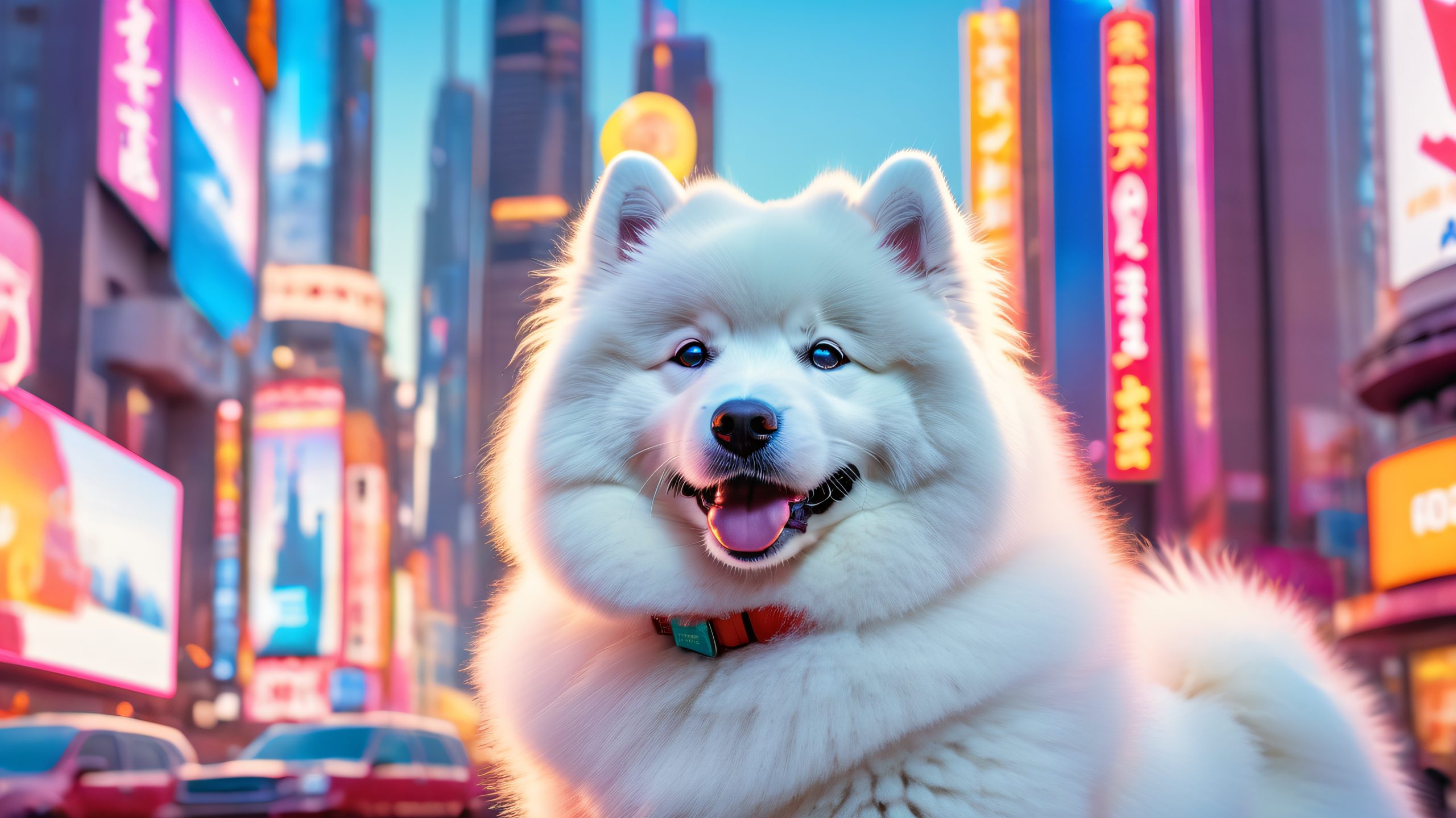 Majestic Samoyed puppy gazing out from a futuristic cityscape with neon lights and holographic advertisements on a desktop/pc