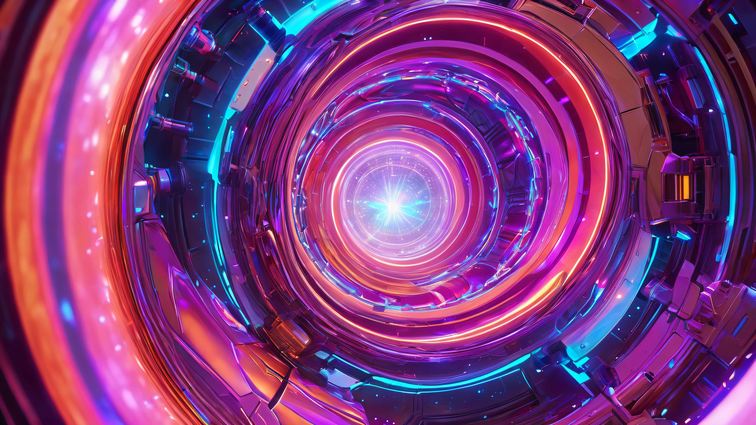 Glowing reactor core surrounded by swirling plasma and a robotic cat