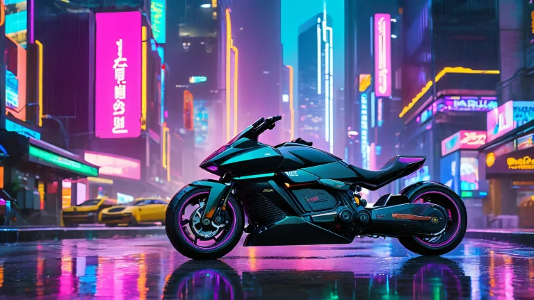 Breathtaking dystopian cityscape for desktop or PC. Features sleek hoverbike and futuristic console in a dark, rain-soaked alleyway.