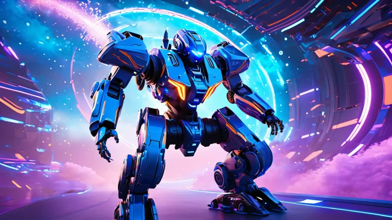 Futuristic mech robot, 'Roller', in mid-dive through a digital vortex on a desktop/pc background.