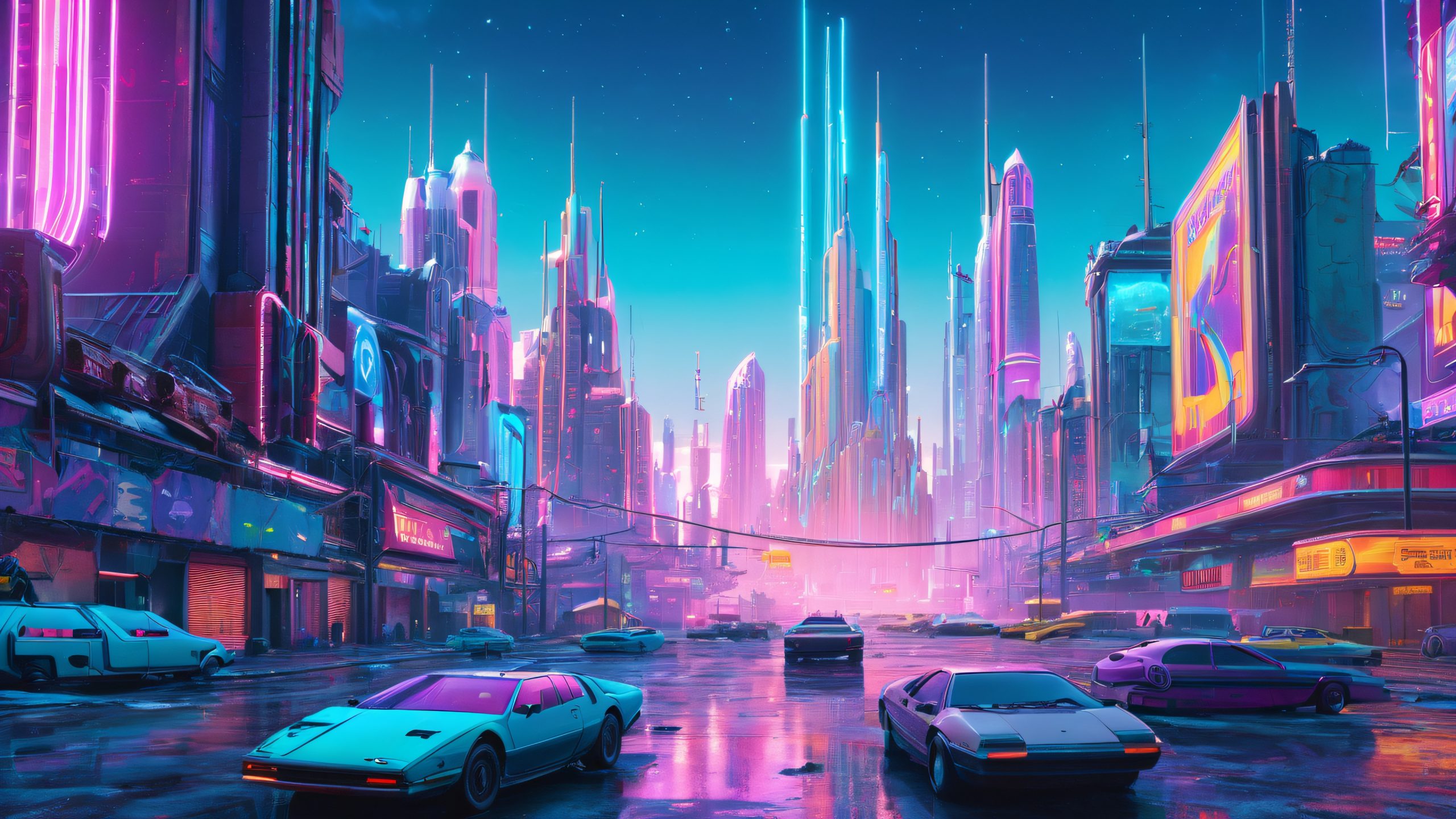 A futuristic cityscape in perpetual decay, with abandoned hovercars and crumbling skyscrapers, perfect for desktop/PC use.