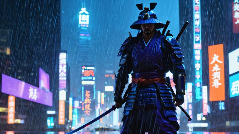 neon samurai warrior rainy cityscape scaled