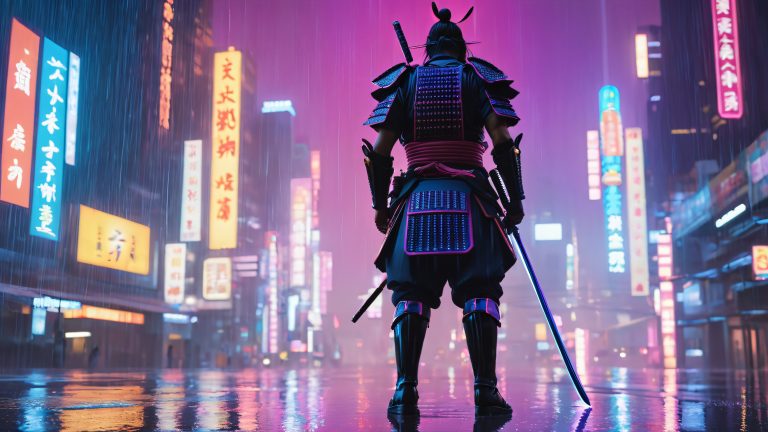 neon samurai warrior torrential rain cyber 4k wallpaper scaled