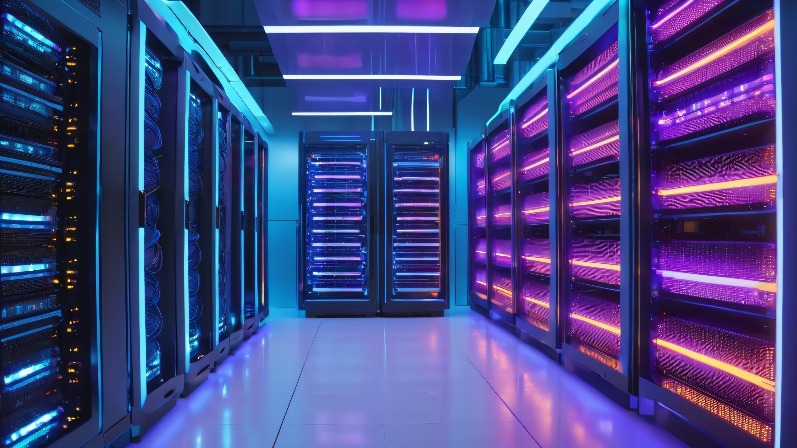 Futuristic server room with humming servers, AI terminal, and digital smoke, suitable for desktop/PC
