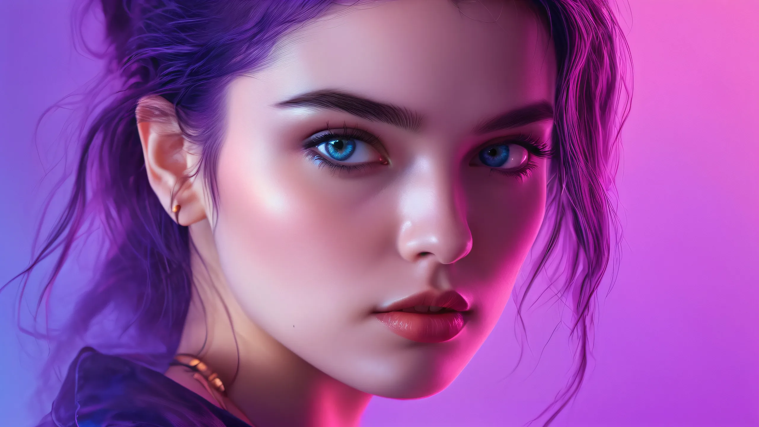 4K Neon Shadows of Eternity Desktop Backgroundデスクトップ/PCに適しています Dark and surreal desktop wallpaper featuring portraits in a dark blue and purple background with neon touches and ray traced reflections, suitable for Desktop/PC.