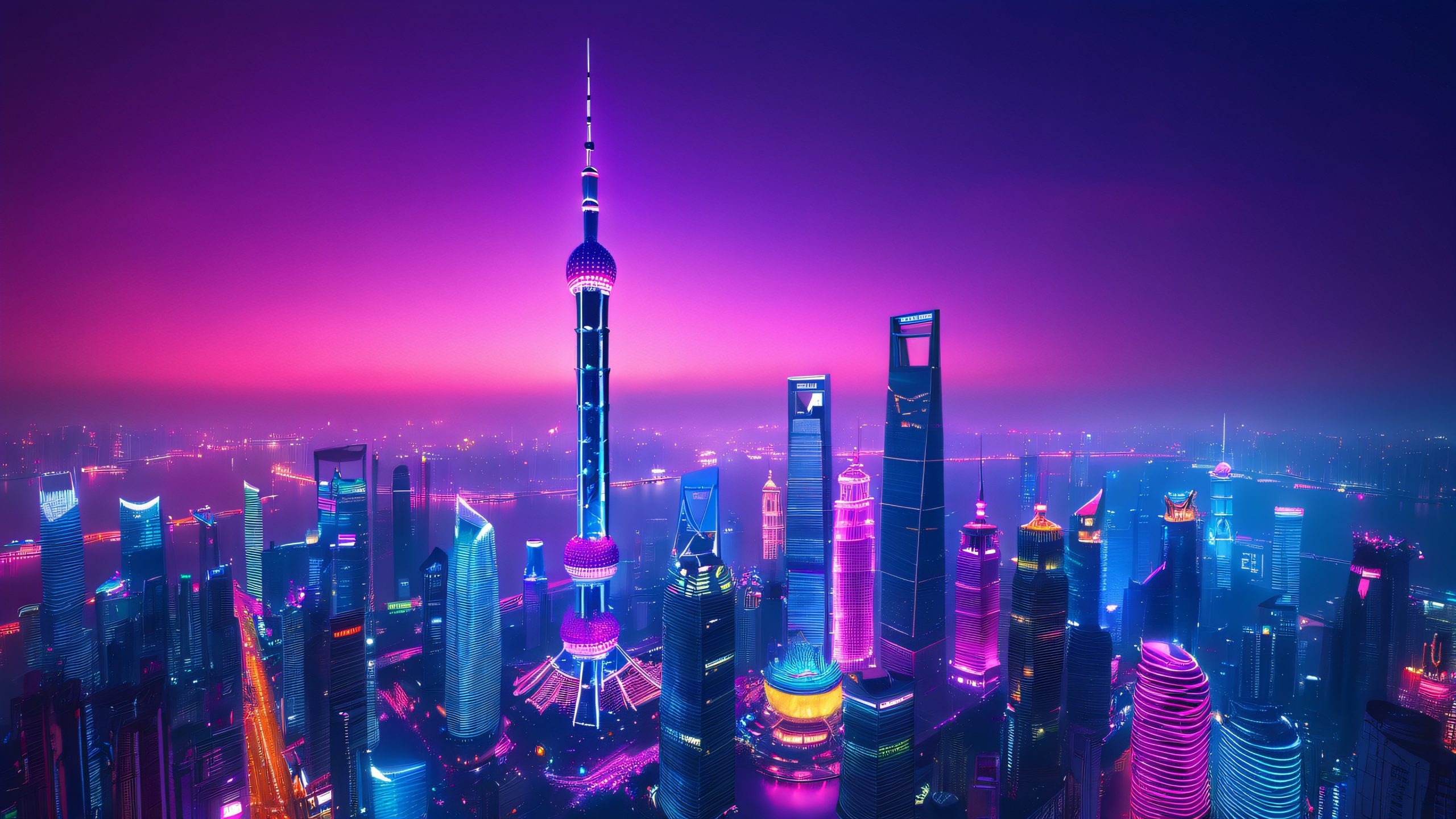 A majestic, neon-drenched skyscraper pierces the dark Shanghai night sky, reflecting the vibrant hues of the city's towering metropolis. Desktop/PC.