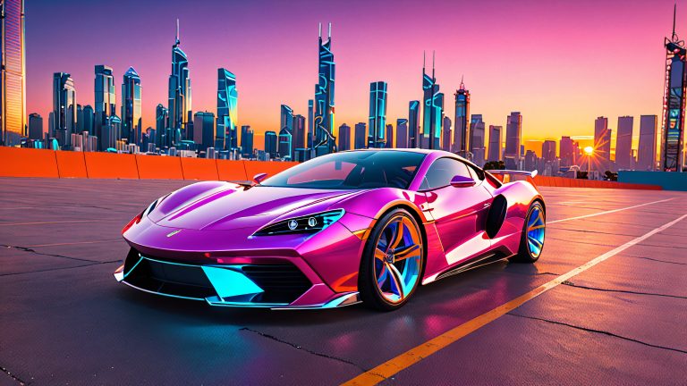 neon sports car sunset scaled