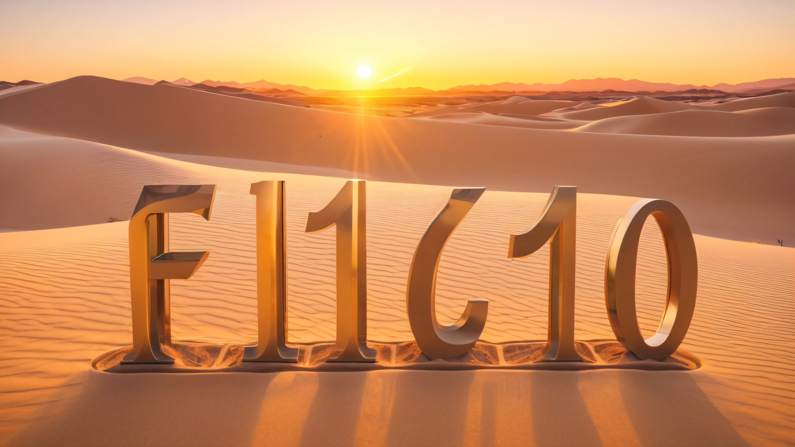 Futuristic font installation rises from desert sand dunes, bathed in warm golden sunrise light, for desktop/PC use