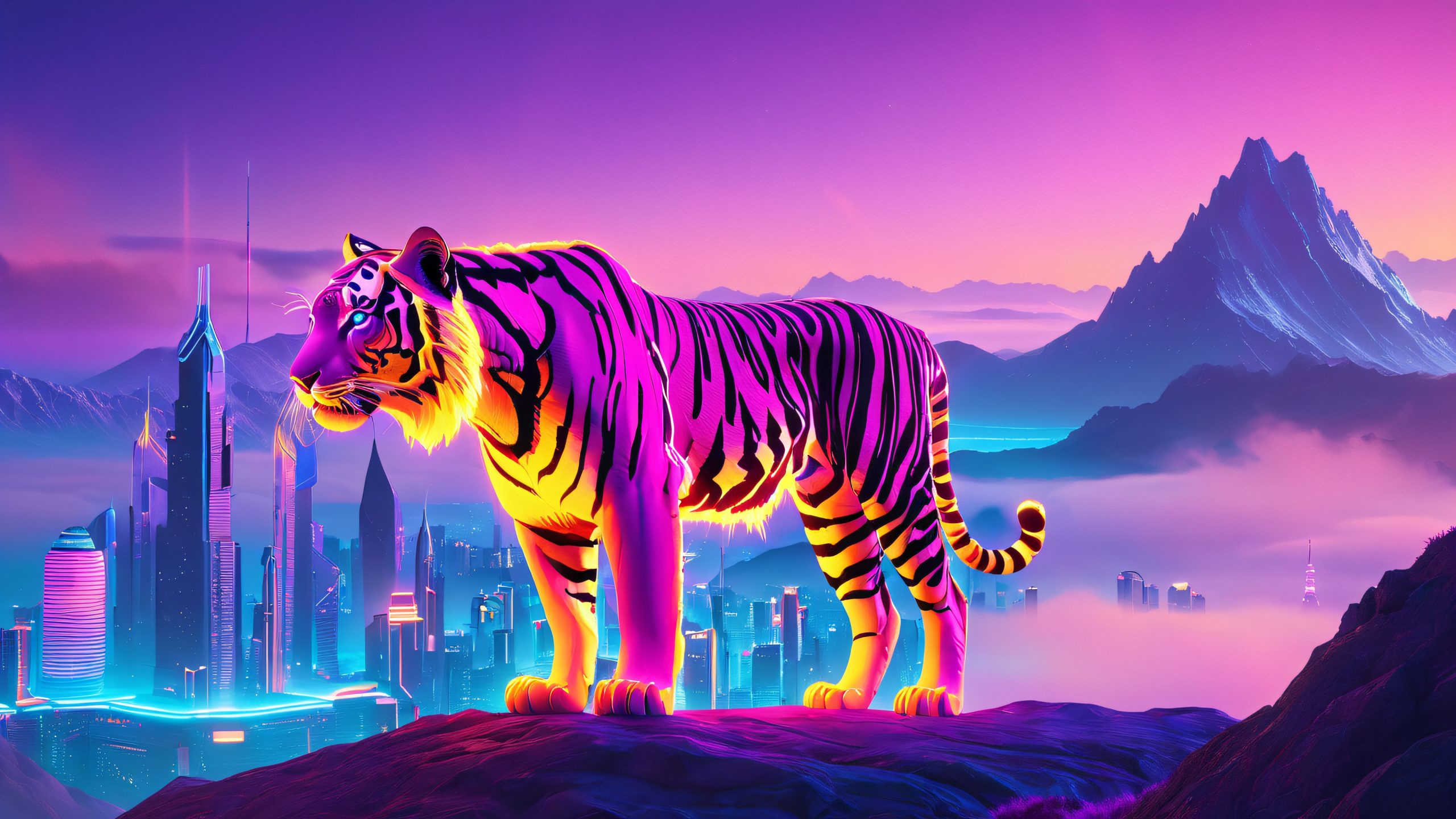 Futuristic tiger standing on a mountain, with a misty valley and neon-lit cityscape in the distance, for desktop/pc use.