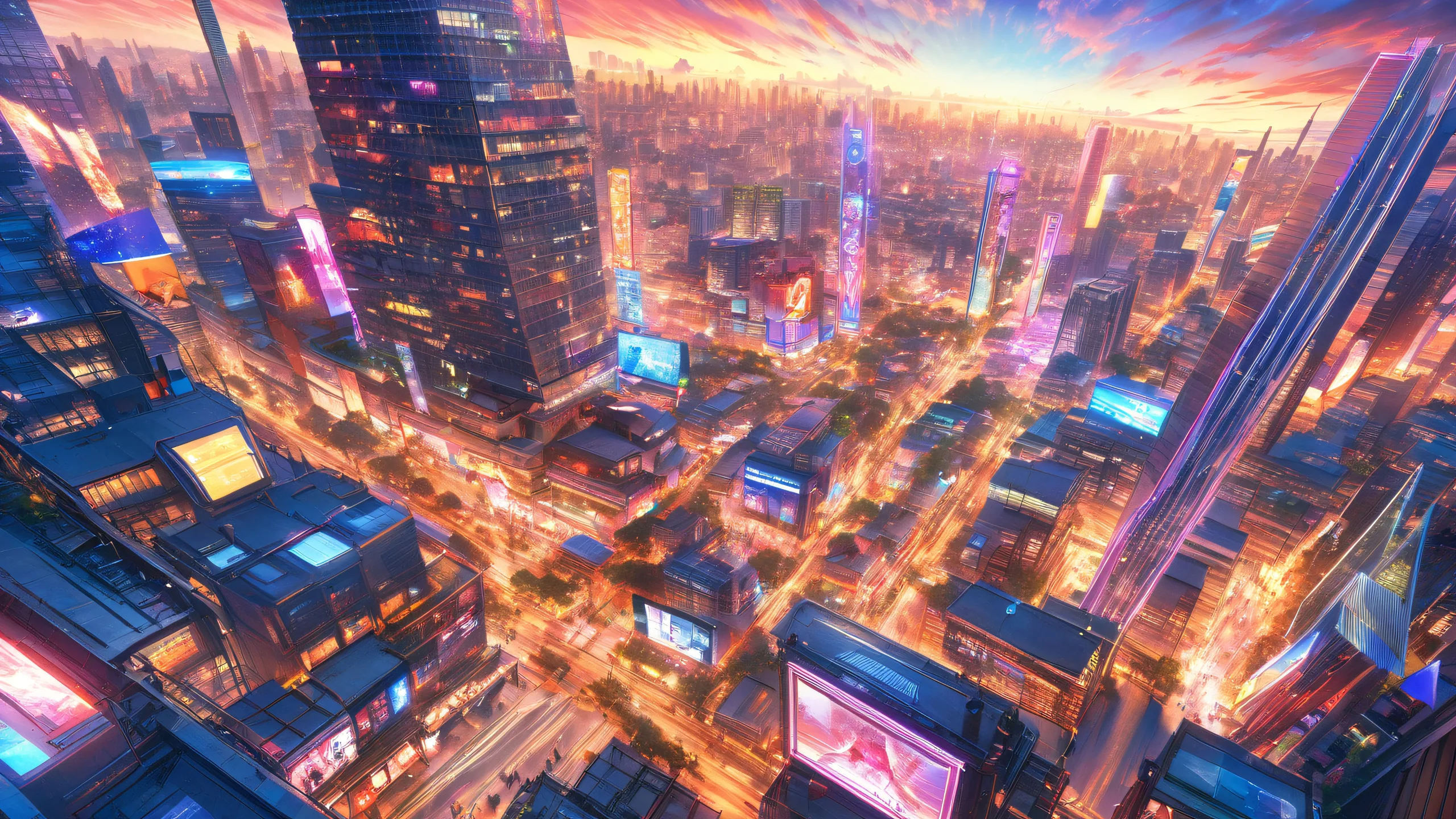 A futuristic metropolitan scene for desktop/PC use, featuring neon-lit skyscrapers and bustling streets filled with quirky characters.