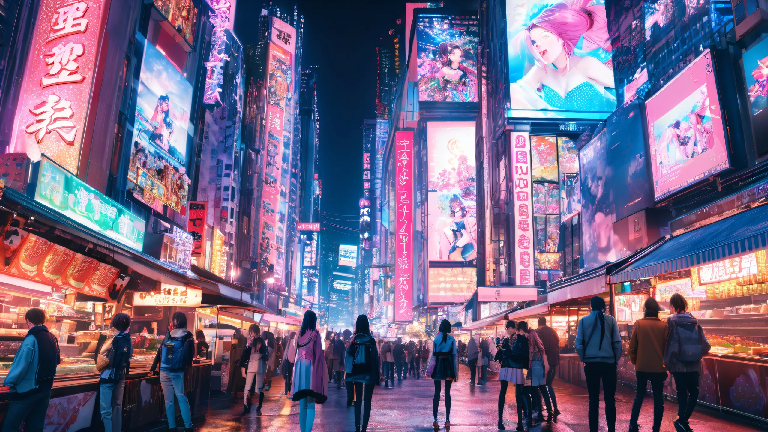 Neon Tokyo Warrior Girls 4K UHD Wallpaper A group of kawaii samurai girls standing amidst a neon-lit cityscape with skyscrapers, street food stalls, and vintage arcades on a desktop or PC.