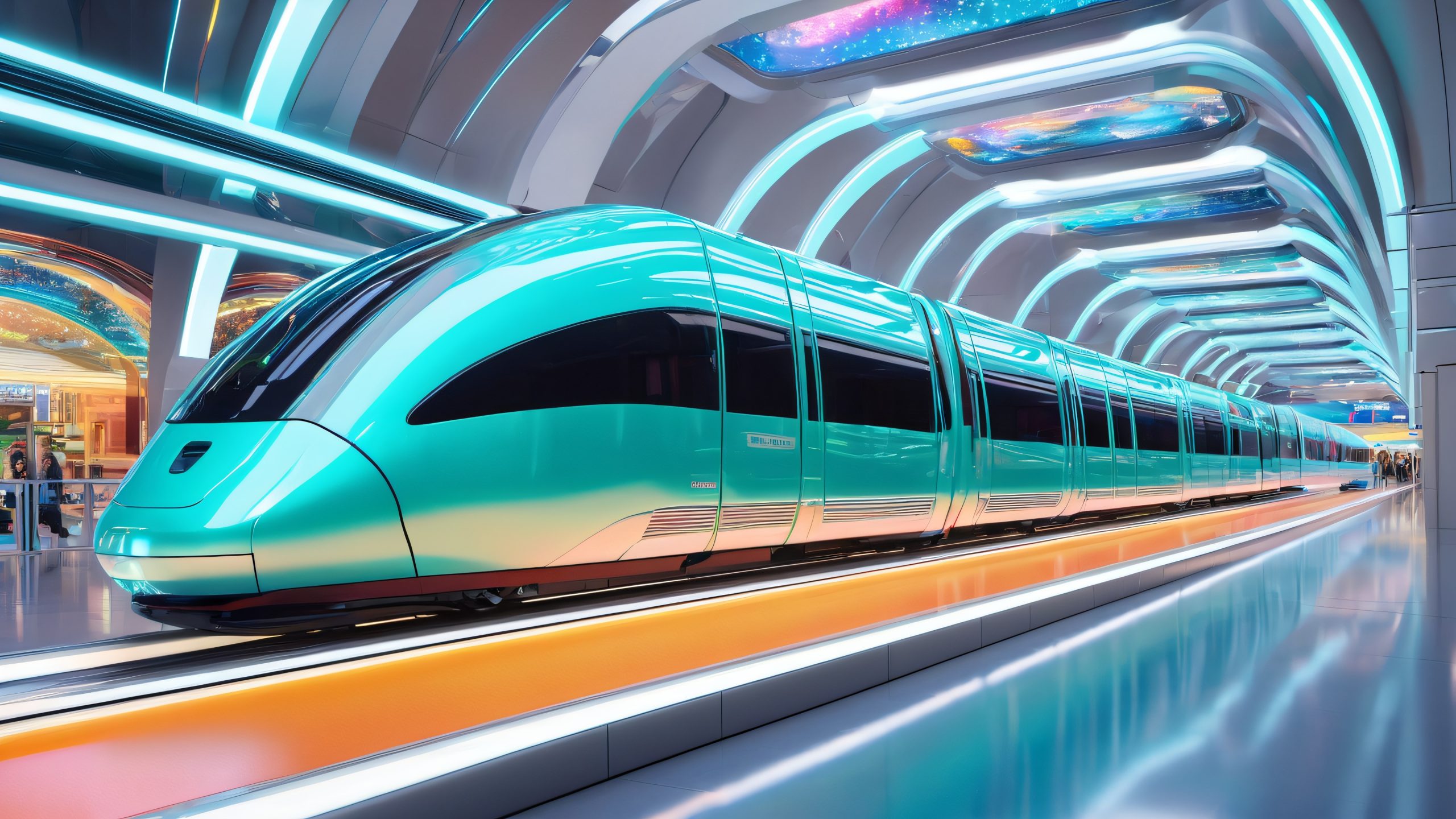 Neon Transit Hub 4K UHD Wallpaper A futuristic monorail train glides through a high-tech transit hub with vibrant LED displays and neon-lit catwalks.
