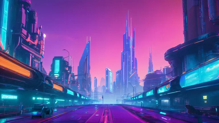 A futuristic AI agent navigates through a dark and gritty virtual cityscape with neon-lit skyscrapers and abandoned industrial ruins, デスクトップ/PCに最適.