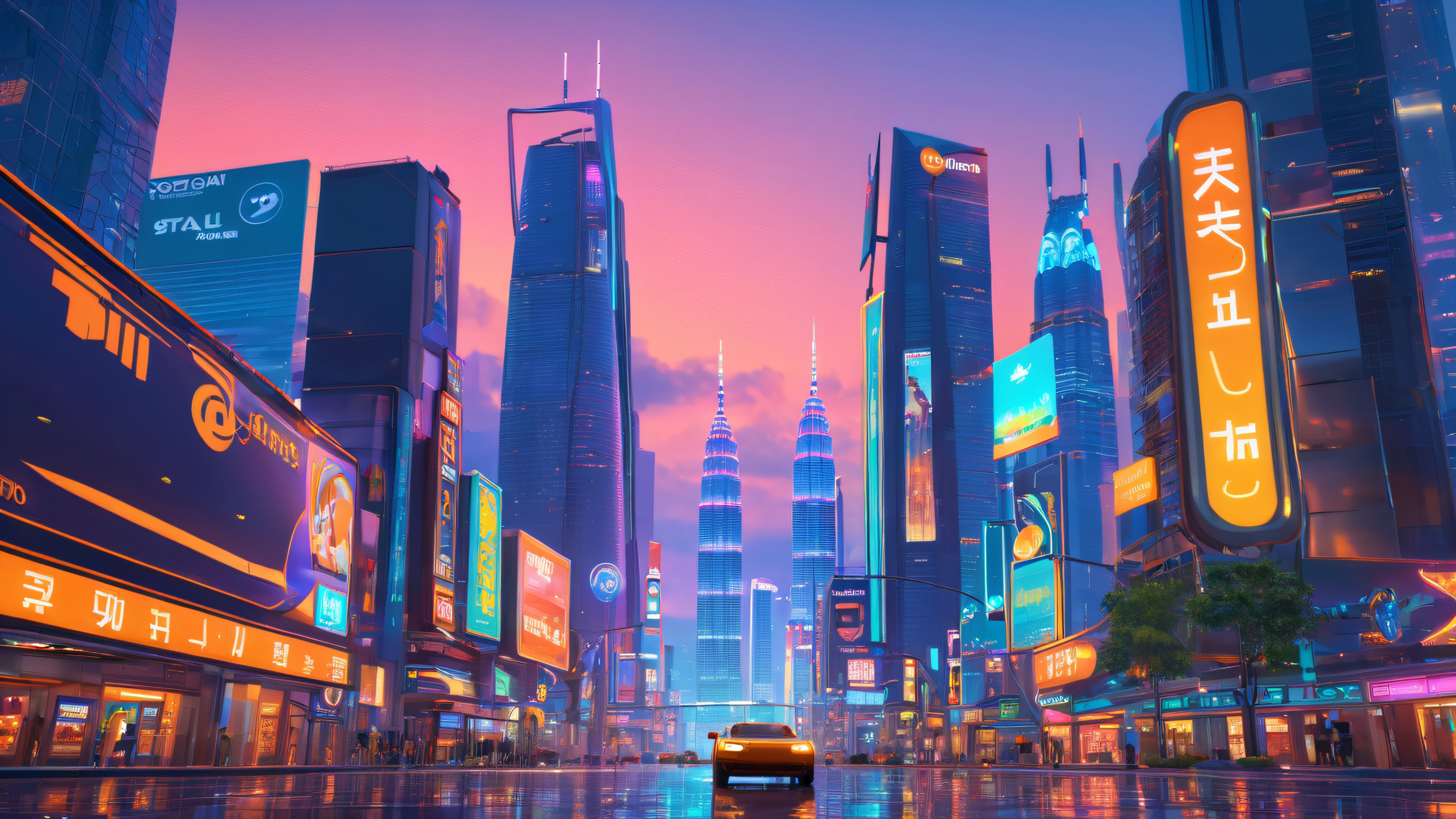 Neon Urban Oasis 4K Desktop Wallpaper Vibrant icon set against futuristic cityscape with neon lights and reflective pavement for desktop/pc
