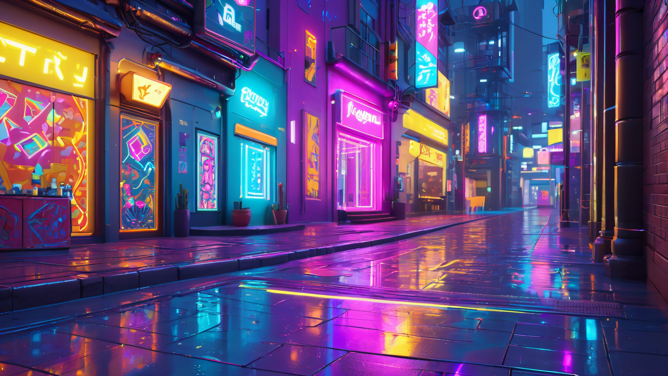 4K Neon Urban Oasis Desktop Background A futuristic cityscape with miniature robots on a dark alleyway at night, perfect for desktop or PC.