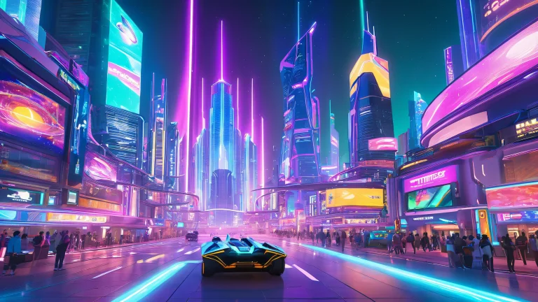Futuristic cityscape with towering skyscrapers and neon-lit streets for Desktop/PC