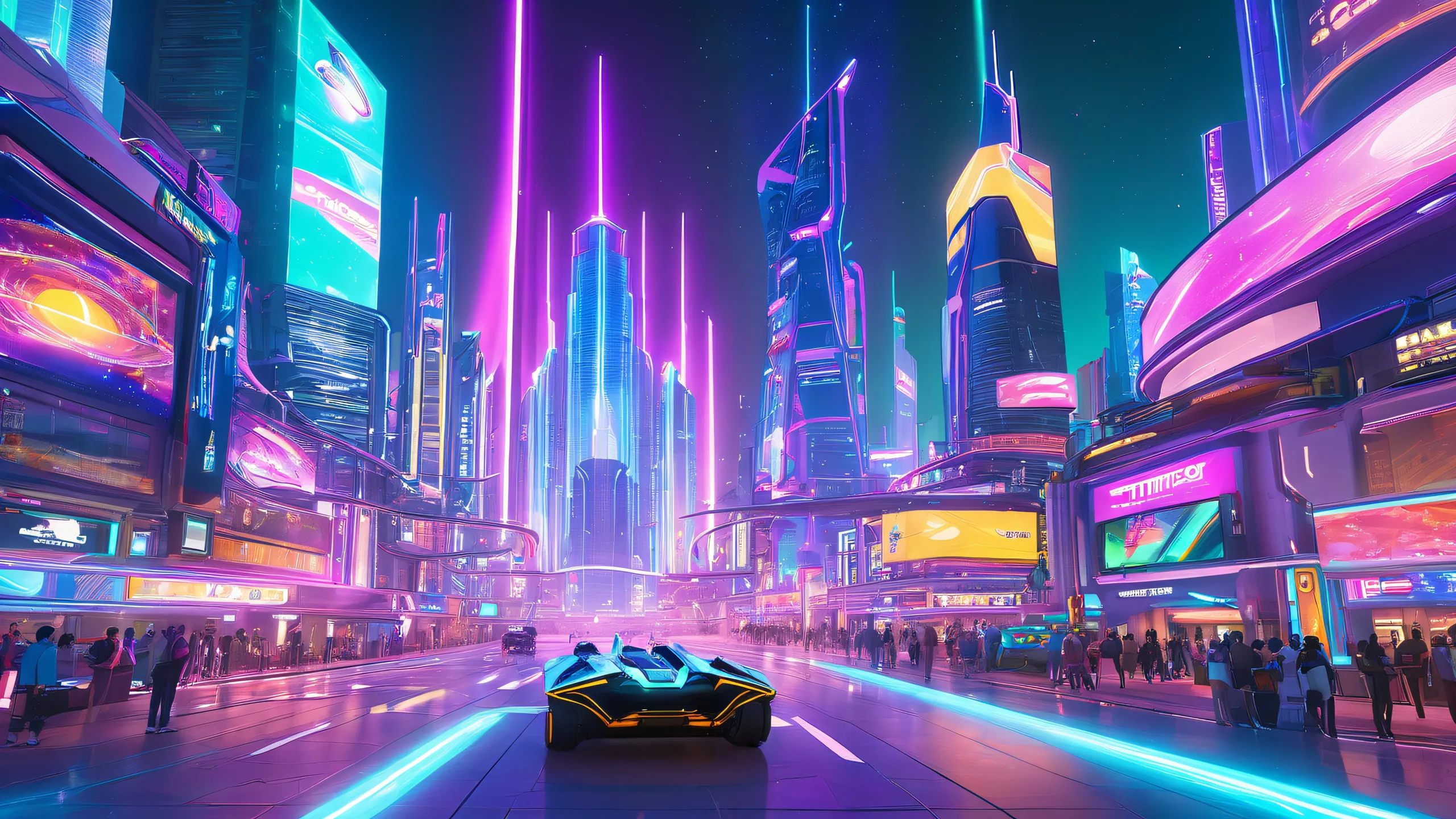 Futuristic cityscape with towering skyscrapers and neon-lit streets for Desktop/PC