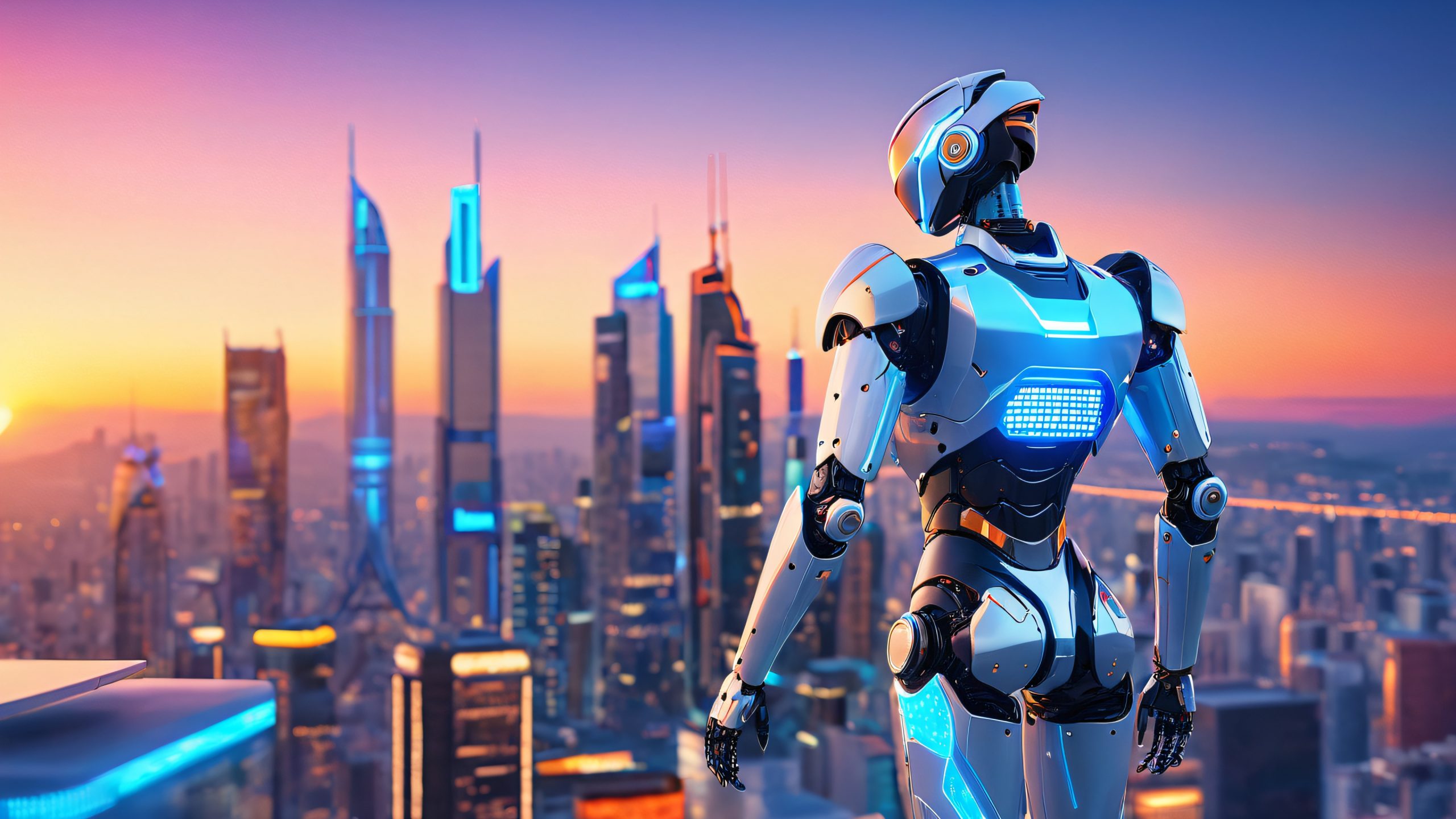 A futuristic robot stands on a neon-lit skyscraper against a dense cityscape with towering buildings and holographic advertisements, suitable for desktop/pc.