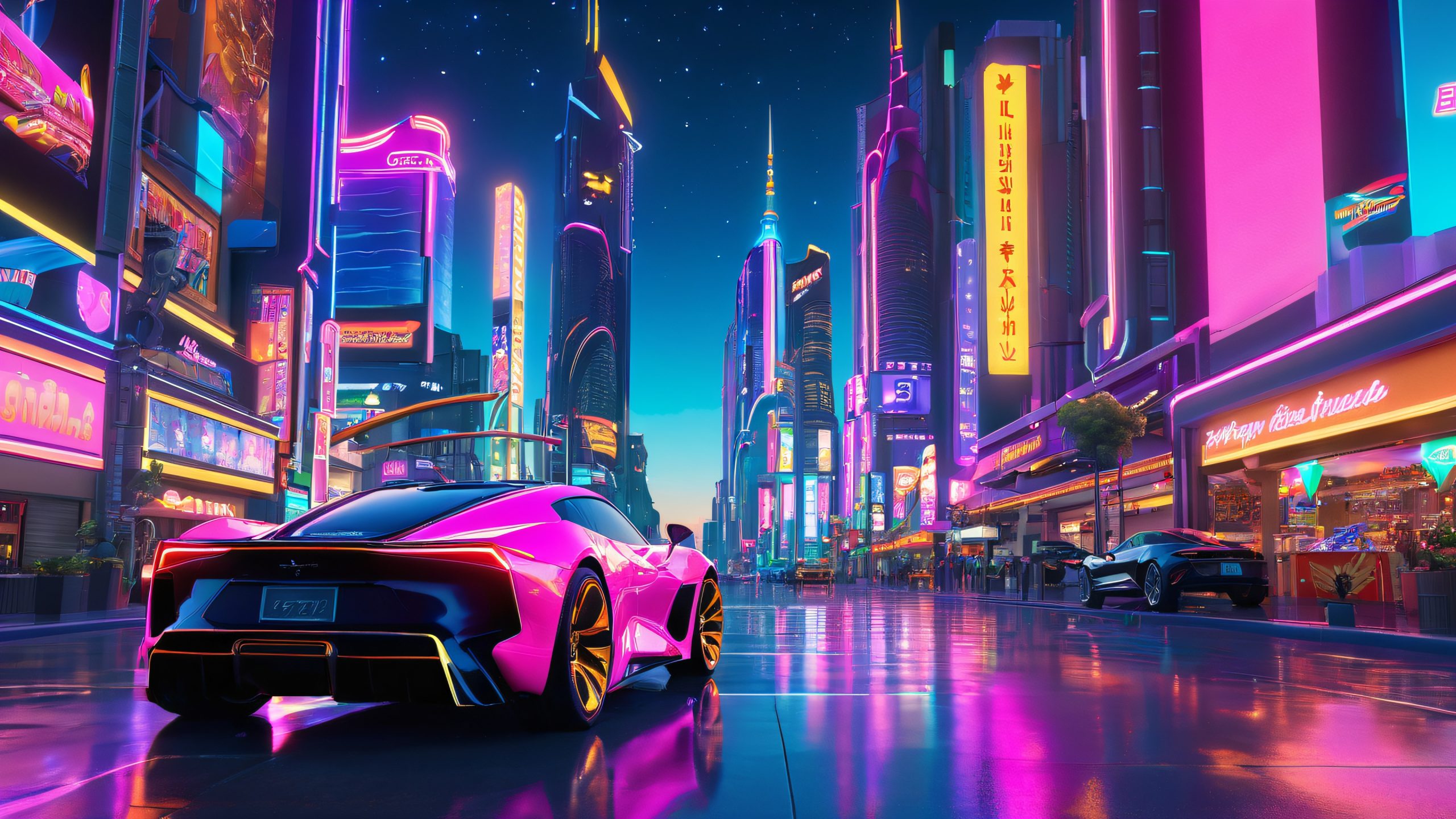 A futuristic cityscape at dusk, with a sleek black sports car parked on a bustling street lined with neon-lit billboards and holographic advertisements, suitable for desktop/pc