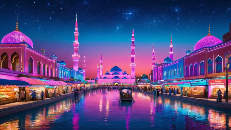 neon uzbek city nightscape scaled