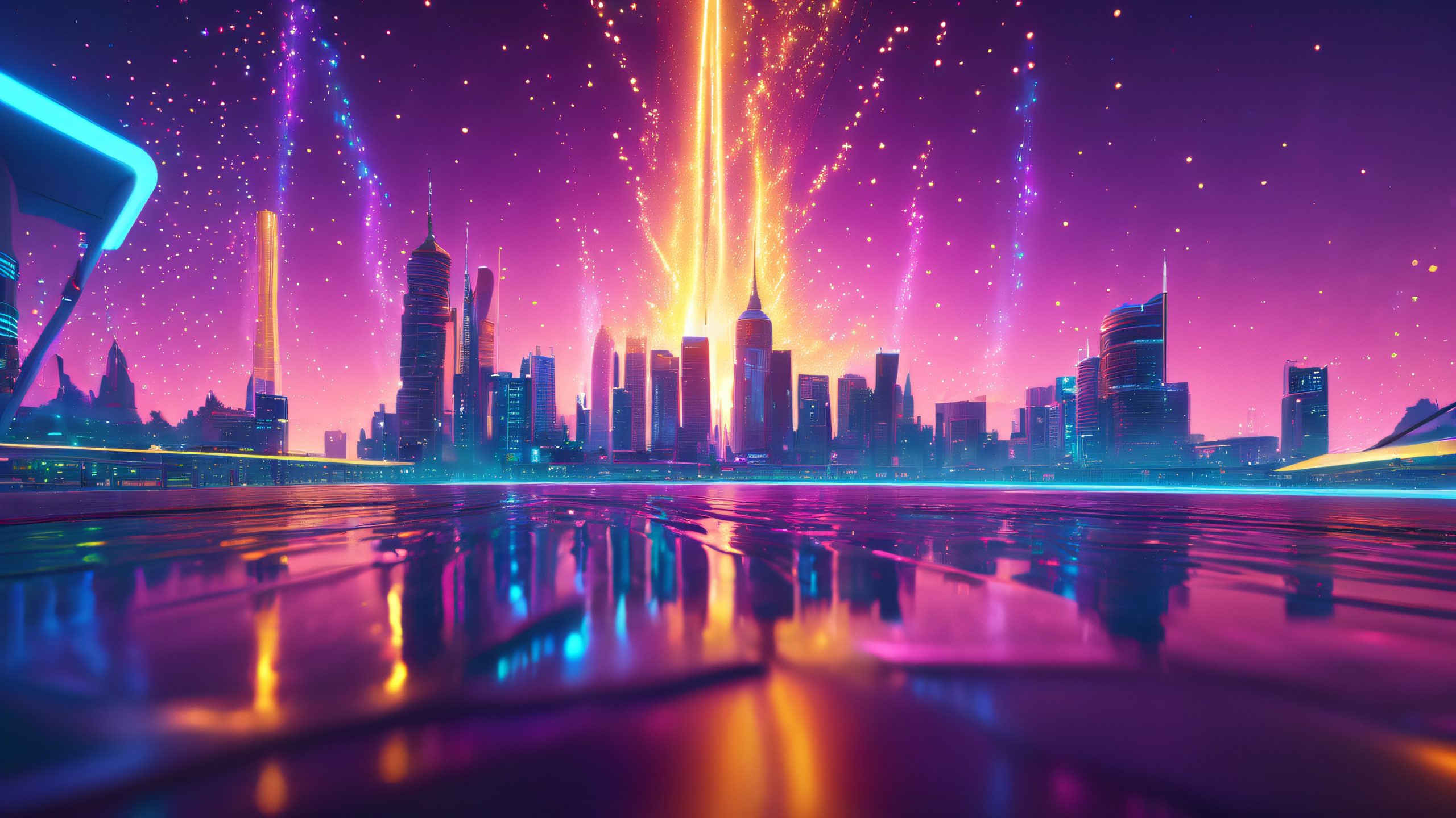 Epic Neon Vortex Cityscape 4K Desktop Wallpaper A swirling vortex of neon particles with a futuristic cityscape at dusk.