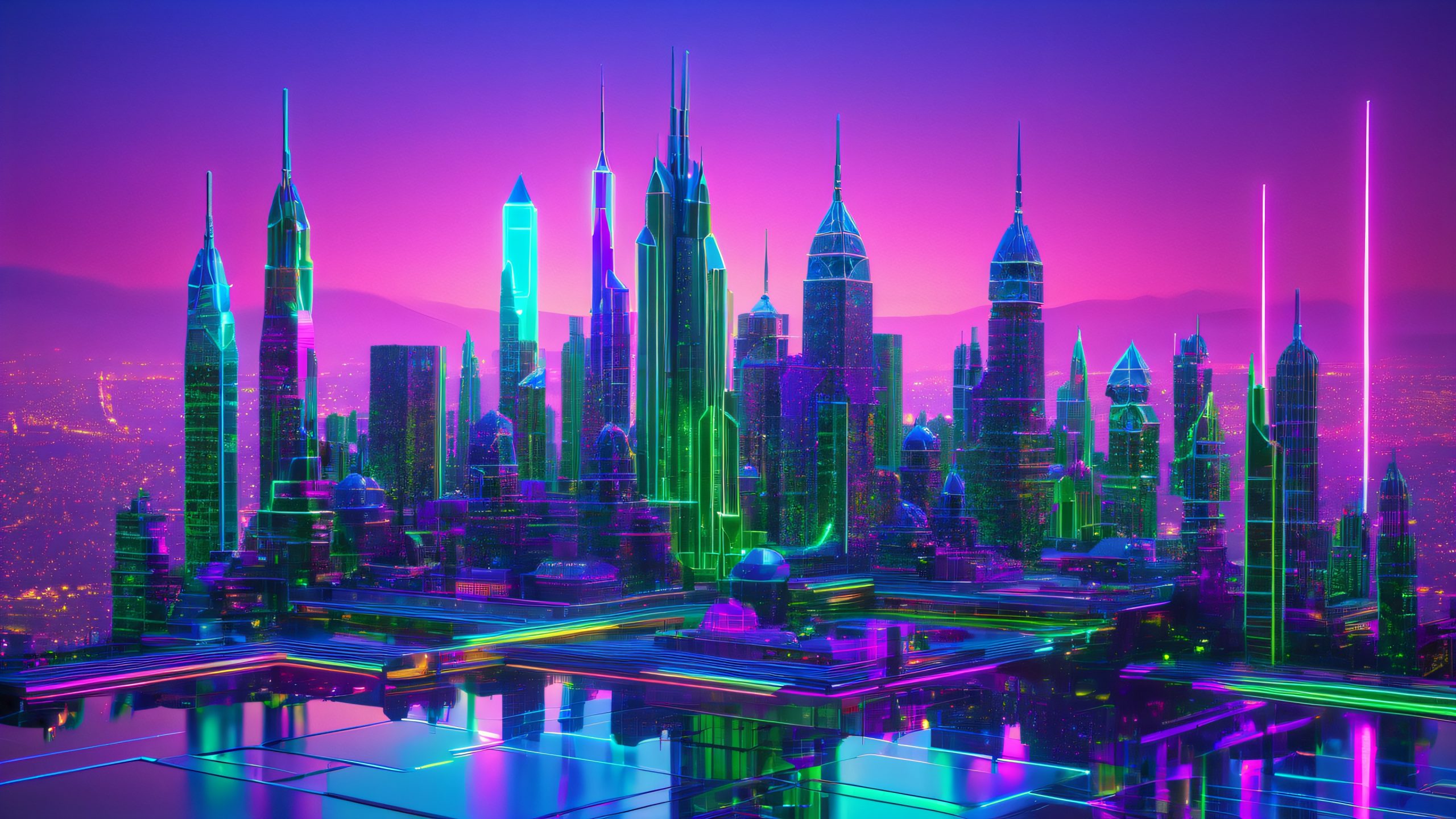 Aesthetic Cyberpunk Dreamscapes Unveiled Background A stunning desktop image featuring neural network sculptures amidst a darkened cityscape with holographic projections, perfect for your PC or laptop.