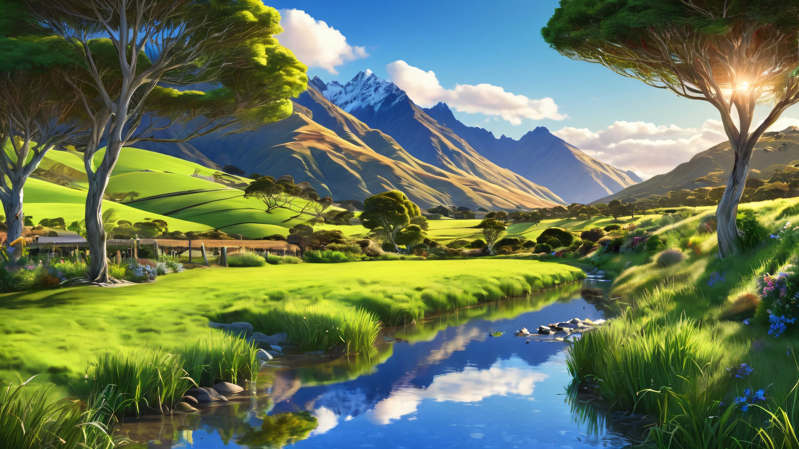 New Zealand Countryside Serenity Aesthetic PC Wallpaper Breathtaking New Zealand countryside desktop image for PC or Desktop, emphasizing serene outdoors and ethereal lighting.