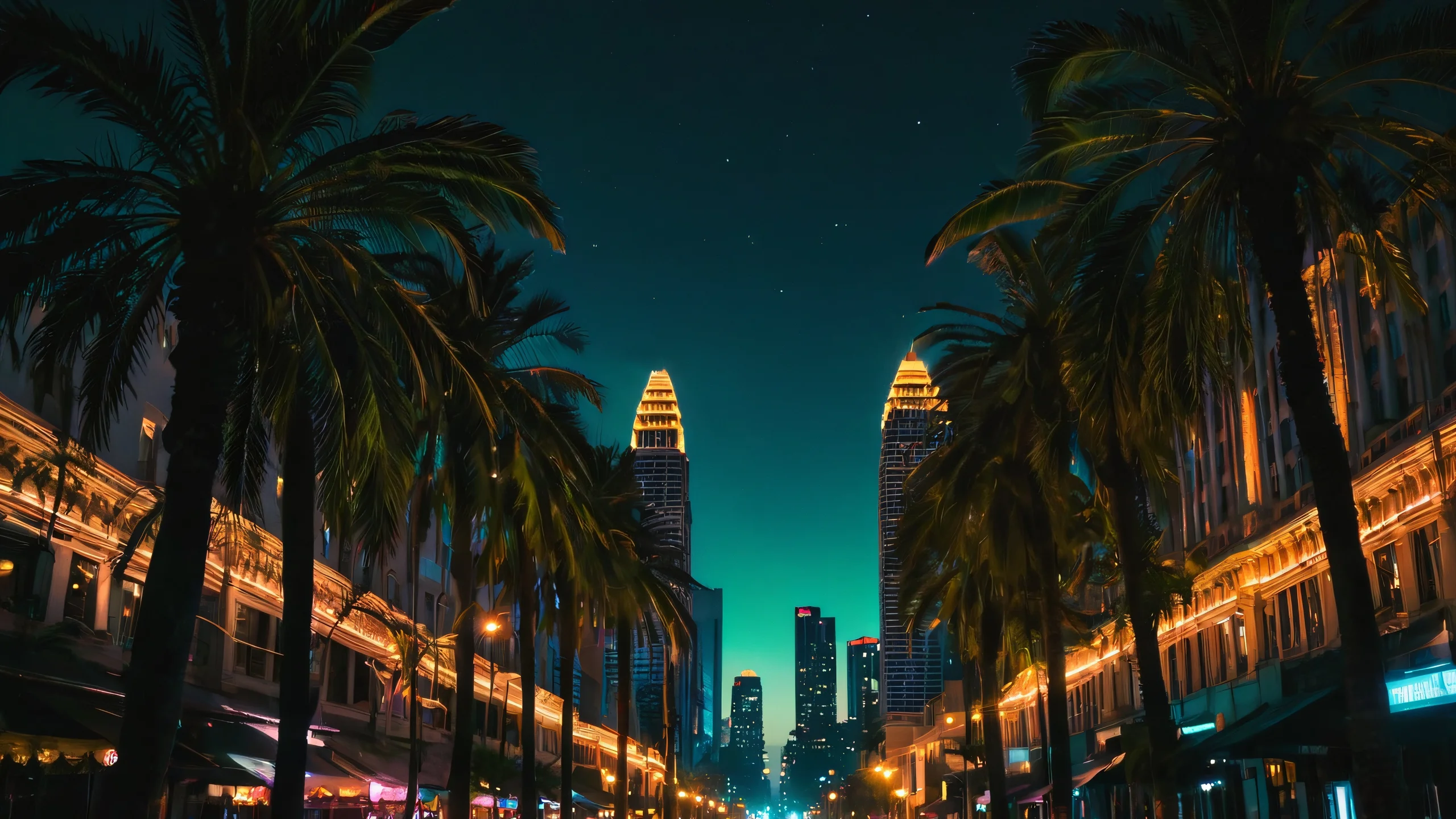 Palm tree silhouettes against a neon-lit cityscape at night, with intricate textures and detailed architectural structures.