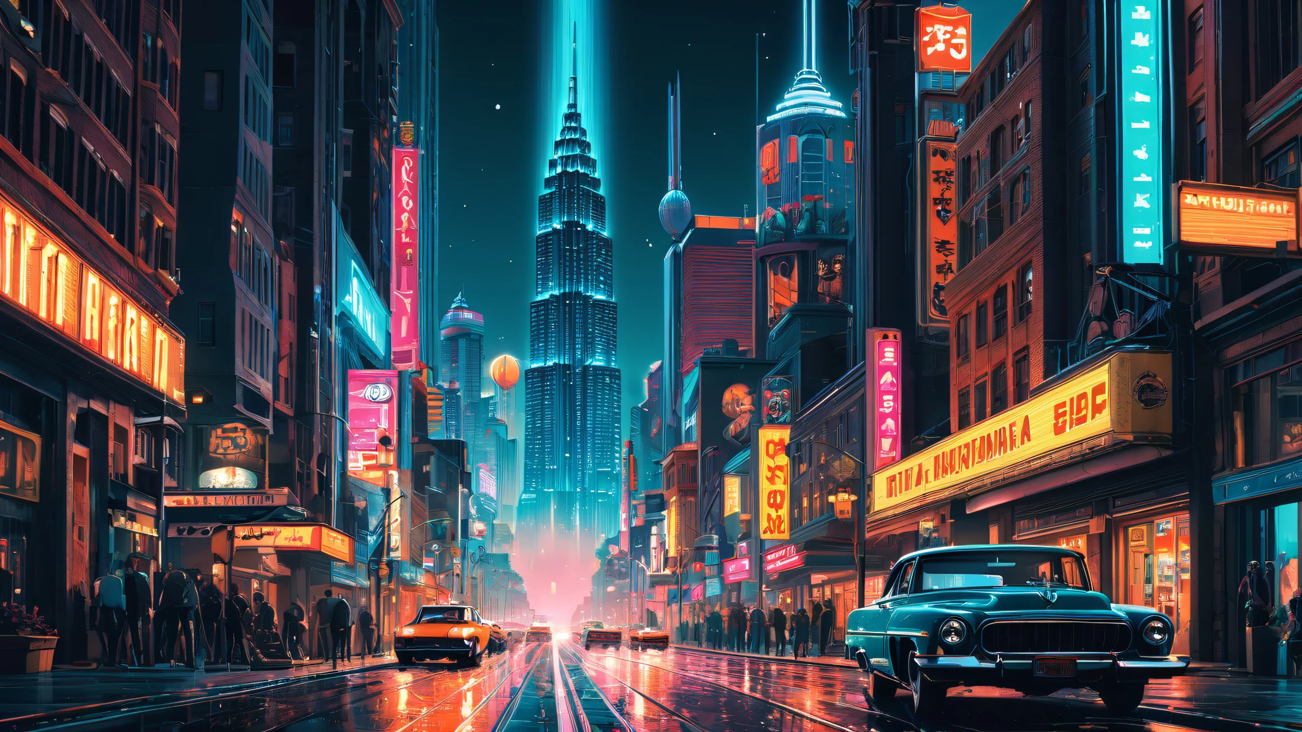 Epic Noir City Masterpiece 4K Desktop Wallpaper A dark and gritty illustration of a cityscape at night, with bold lines and high contrast colors.