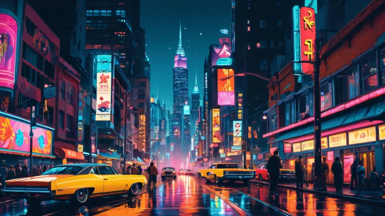A high-contrast illustration of a city at night, with neon lights reflecting off wet pavement.