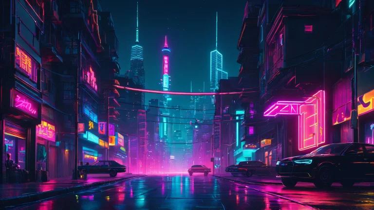 A dark urban landscape with neon accents and intricate illustrations.