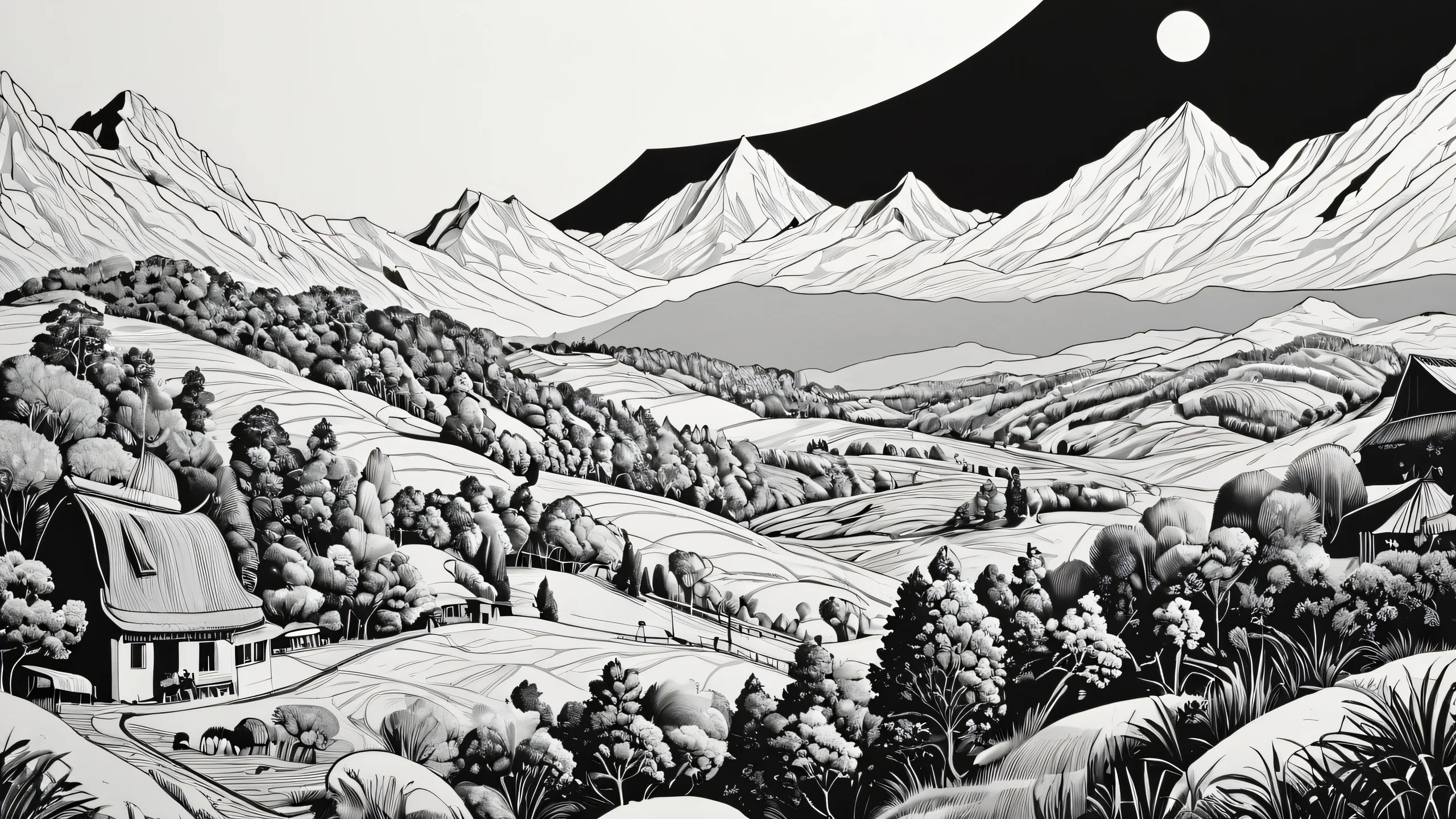 A high-contrast illustration of a cityscape at night with bold black lines and white accents.