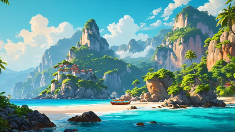 A high-contrast cityscape at night with bold, stylized architecture and a limited color palette.