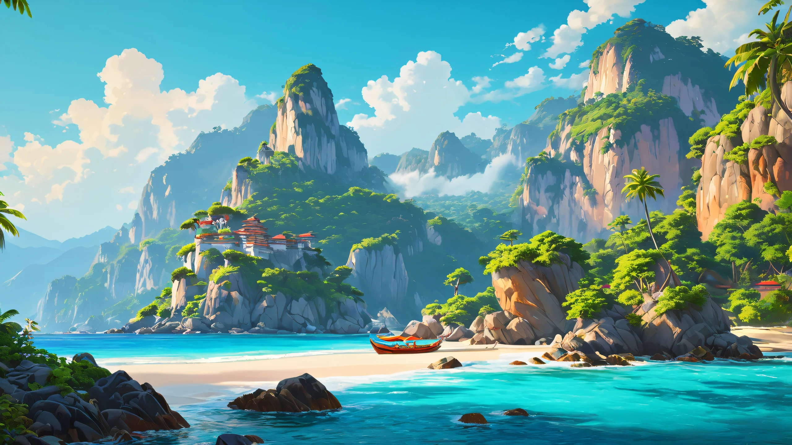 A high-contrast cityscape at night with bold, stylized architecture and a limited color palette.