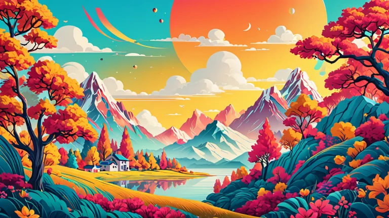 Stylized illustration of a city at night with bold colors and intricate details.