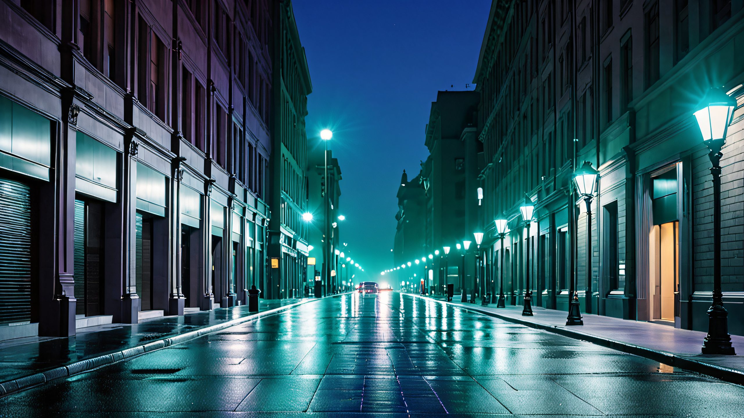 Noir Cityscape Twilight 4K Desktop Wallpaper A deserted street at twilight, with imposing structures on either side, lit by soft streetlights and moonlight.