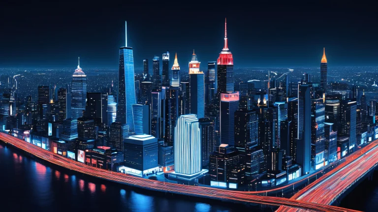 A dark cityscape illustration featuring pop culture icons in deep blues and neon whites.