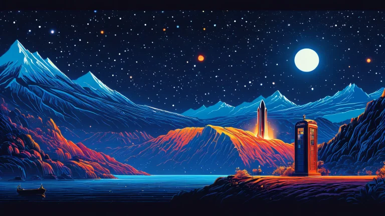 A dark and moody illustration of pop culture icons set against a high-contrast backdrop of deep blues.