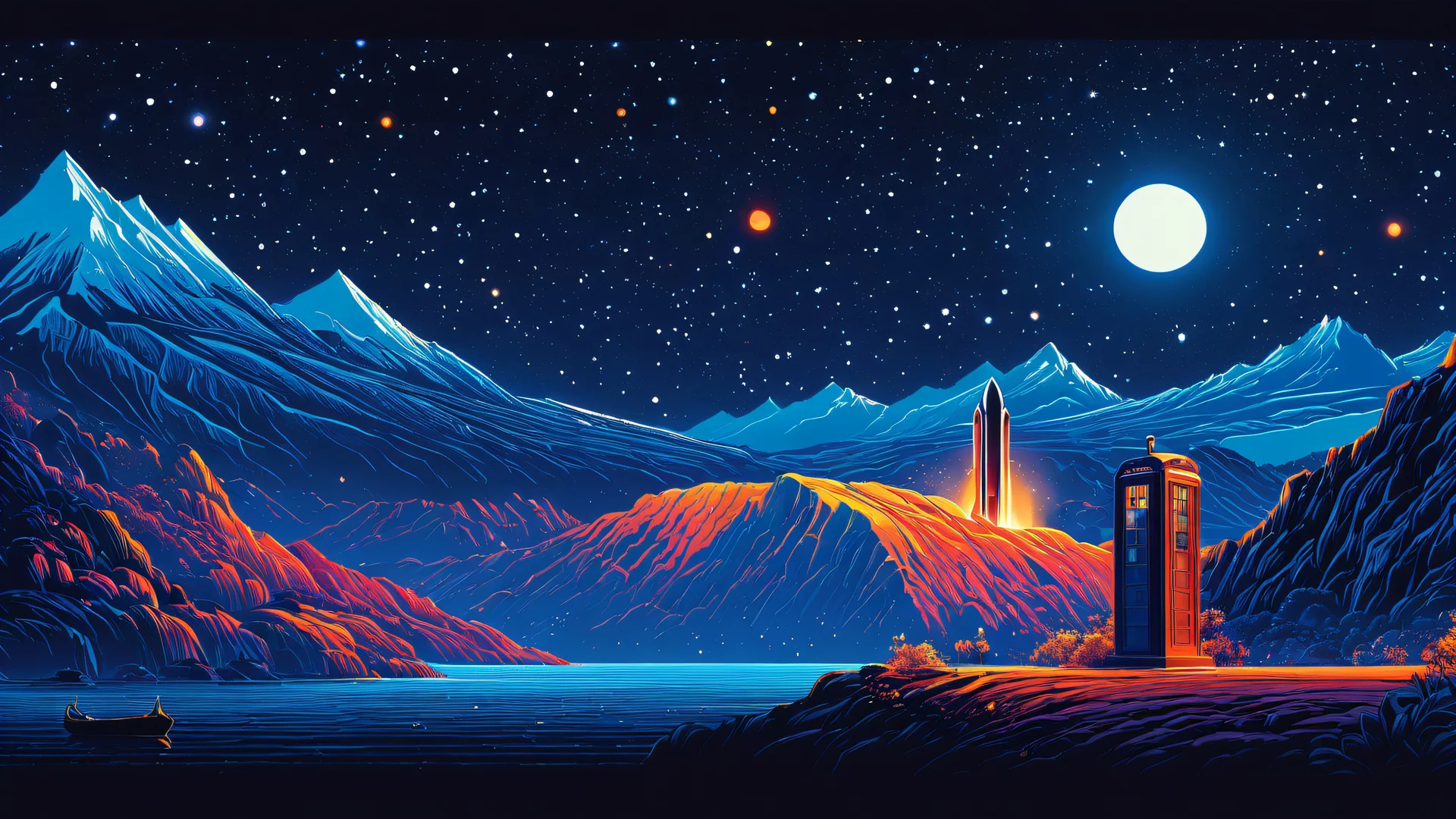 A dark and moody illustration of pop culture icons set against a high-contrast backdrop of deep blues.