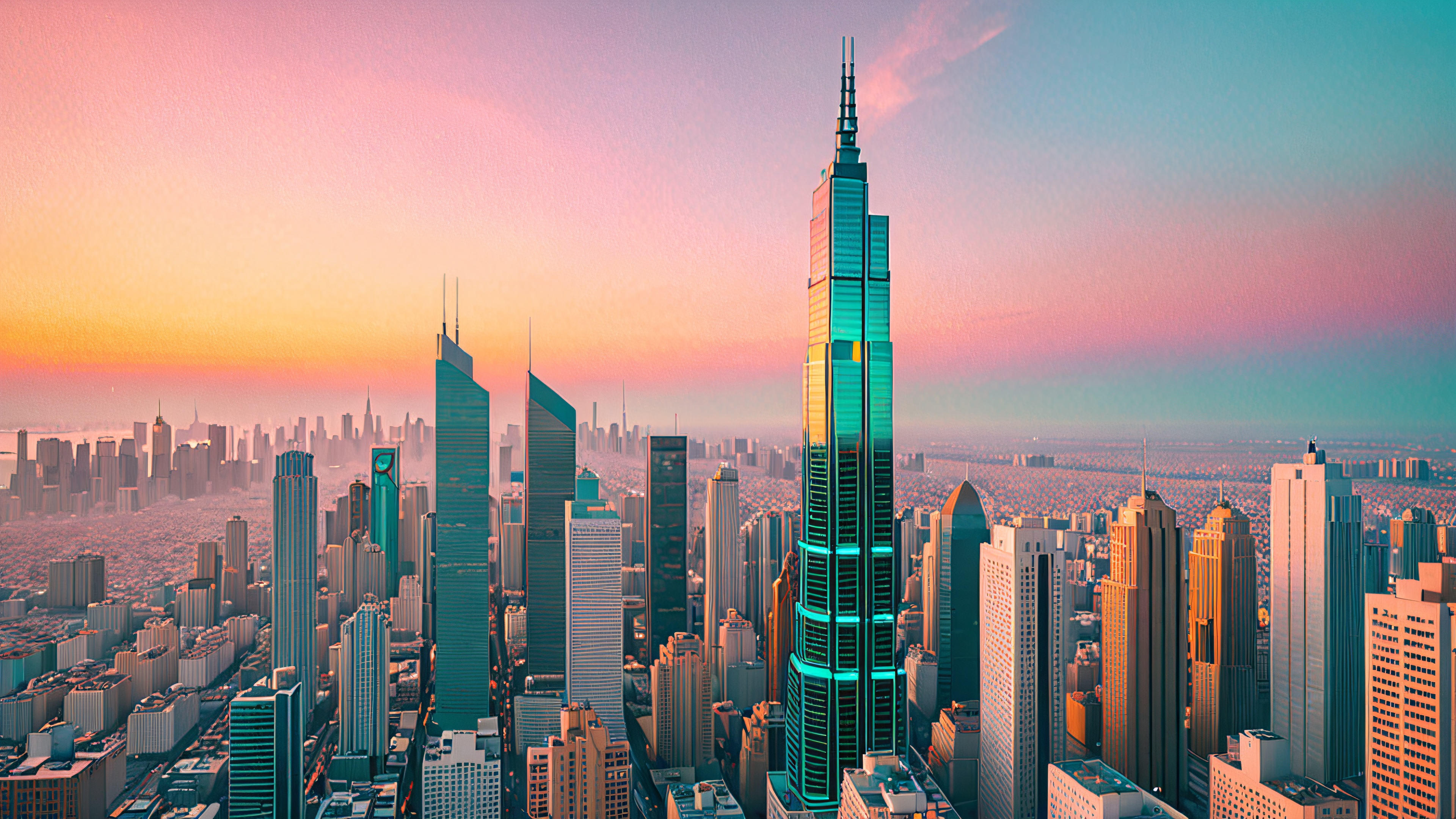 A nostalgic cityscape wallpaper featuring a retro-futuristic skyscraper at dusk, with neon lights and overgrown vegetation.